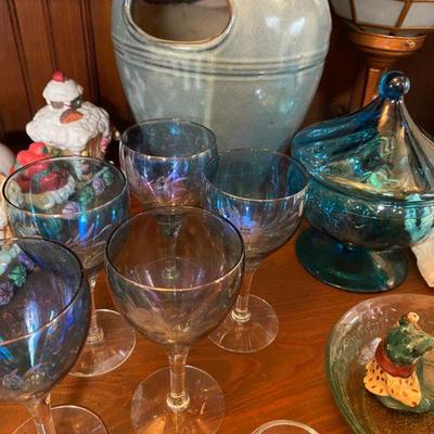 Aqua Blue Vintage Candy Dish and blue Etched Wine Glasses and Shot Glasses by Halian