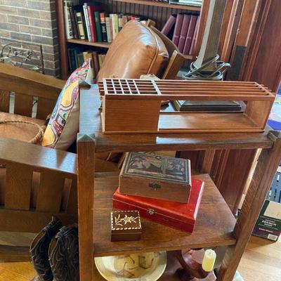 Antique Oak 3 tiered shelf, Friank Lloyd Wright reproduction letter box, Cowboy boots