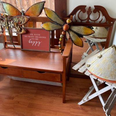 Two seat wooden bench with drawers, metal butterflies and dragonflies and Asian Garden Hats