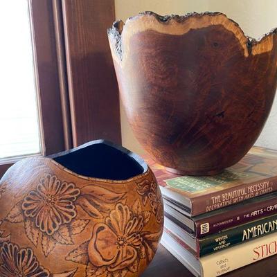Hand carved wooden Mesquite bowl by J B Holton and Carved Gourd, Wester Flower Vessel by Helen Marvin