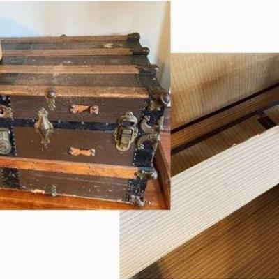 Cork Hat Box and Antique Traveling Trunk with Original insides