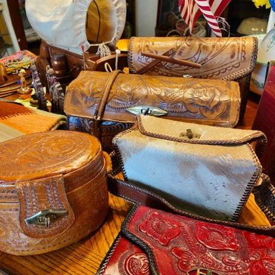 Collection of vintage hand tooled leather purses and Vintage Western Wagon with night light