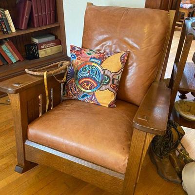 Stickley Mission Rocker, oak, leather cushions, date stamp Apr111996