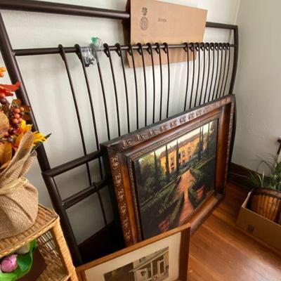 Queen metal, bronze colored bed frame and Large Italian artwork