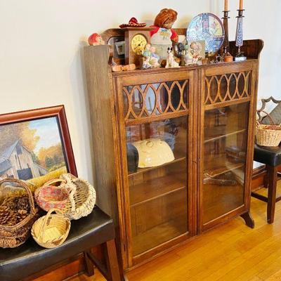 Antique Oak and Glass Curio Cabinet and Matching pair of leather bar stools