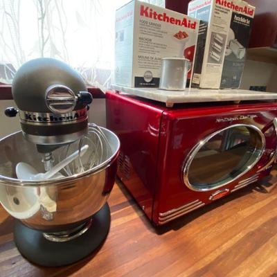 Slate Gray Kitchen Aide Mixer and Red Petro Series Microwave by Nostalgia