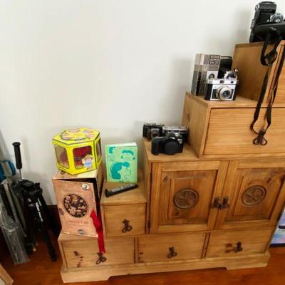 Wooden stackable Sorage Units with Vintage Camera Collection including Kodak, Tower and Canon