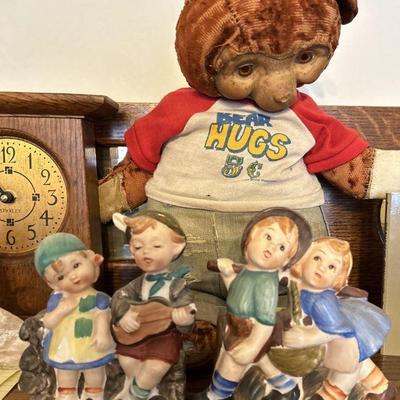 Antique stuffed bear and Wallpocket figurines