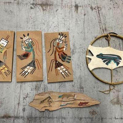 #7560 â€¢ (3) Sand Paintings, Art on Wood & Dream Catcher
