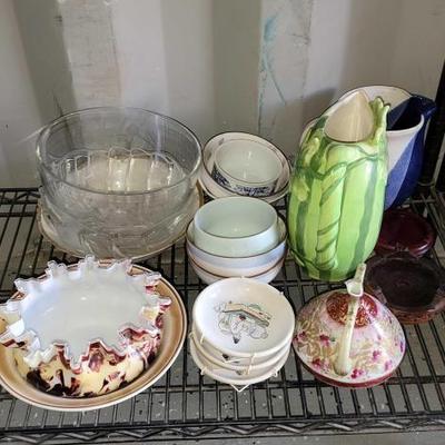 #2974 â€¢ Glass Bowls, Pitchers, Plate & Wood Pot Stands
