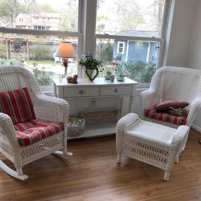 faux wicker rockers $80 each 2 available SOLD
console with drawers $190
42 X 14 X 30
