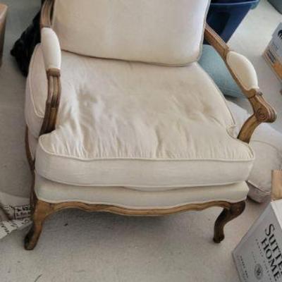 Linen covered wood arm chair