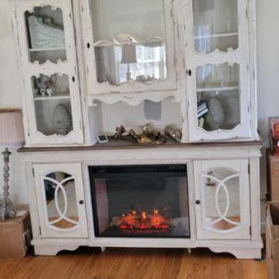 Shabby chic white painted fireplace cabinet with display cabinet above