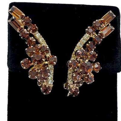 Beautiful Brown Faceted Glass Vintage Clip On Earrings