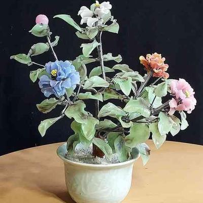 Vintage Chinese Oriental Jade Glass Flowering Bonsai Tree In Pot