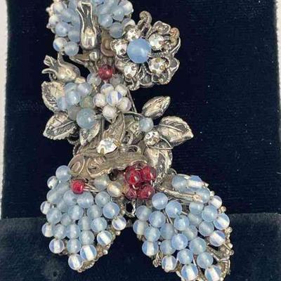 De Mario Silver Tone Vintage Brooch * Pale Blue * Red * Clear Crystals Floral Design Brooch