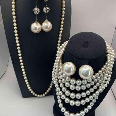 Fabulous Costume Pearl Clip On Earrings * Necklace Sets