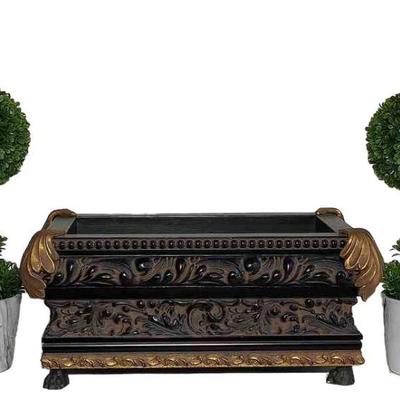 Ornate Italian Hand-Crafted Wood Planter Box * 2 New Potted Faux Topiaries
