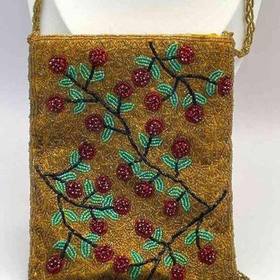 Gold Seed Bead * Cherry Design Hand Bag