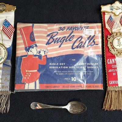 Vintage * Patriotic Memorabilia * 2 Modern Brotherhood Of America Ribbons * Tonette Company Bugal Calls * Admiral Sampson Spoon *