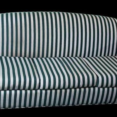 2nd Rattan Sofa Frame With Striped Fabric Back & Cushions * Very heavy need help at pick up