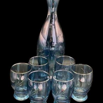Iridescent Blue Etched Carafe * 6 Small Glasses
