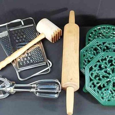 3 Dark Green Enamel Over Cast Iron Trivets & Misc Kitchen Tools