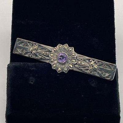 Edwardian Sterling Silver 925 With Amethyst Bar Pin