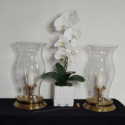 2 Solid Brass & Glass Hurricanes * 1 Faux White Orchid In Ceramic Pot * 1 Candle Snuff