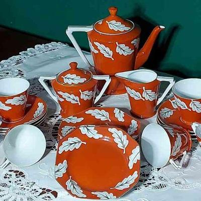TTK 6 Service Tea Set In Orange & White, With Oak Leaf Pattern & Gold Detailing