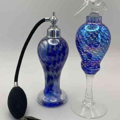 Blue Art Glass Swirl Design Perfume Bottle * Hummingbird Stopper Bottle