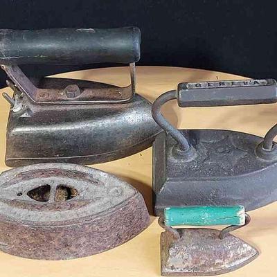 4 Antique Sad Irons * Selco Electric #6 * Geneva #6 *