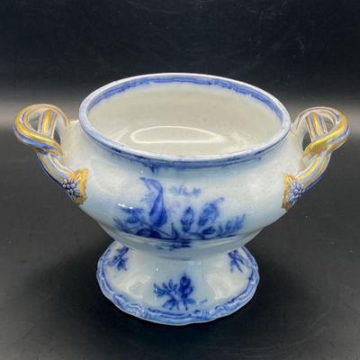 Blue And White With Gold Trim Vintage Decorative Pedestal Bowl