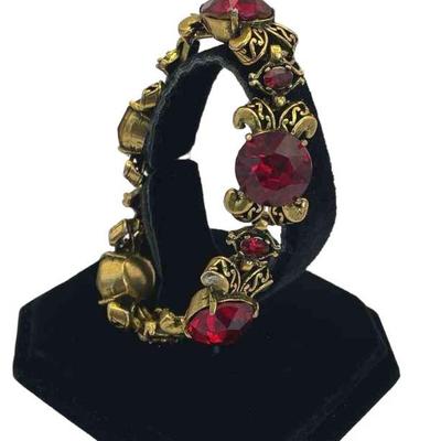Hollycraft 1952 Vintage Gold Tone With Red Faceted Glass Bracelet
