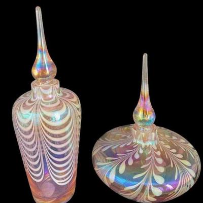 Irisescent Pink Art Glass Swirl Design Bottles With Stoppers
