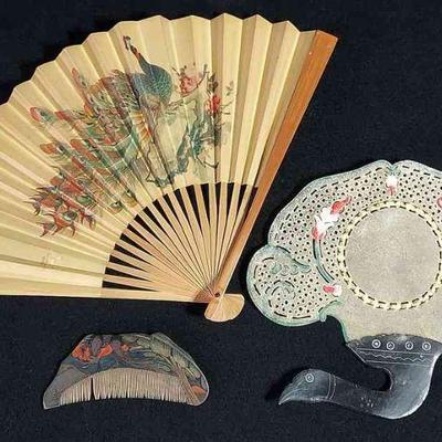 2 Vintage Asian Fans & 1 Vintage Hair Comb