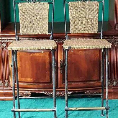 Bar Stools * Wrought-Iron Frames With & Natural-Toned Wicker Seats & Back