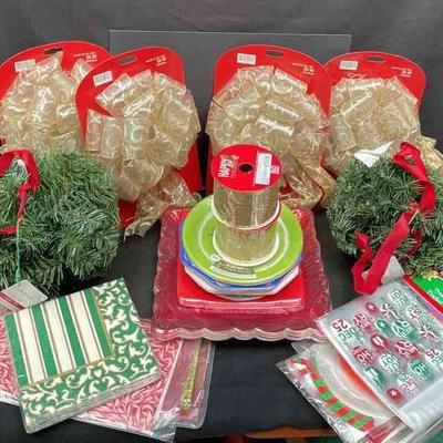 New In Packages Holiday Paper Party Products * Christmas Tissue Wrap * Paper Plates * Wide Gold Ribbon Spools * Wreath Bows * Faux Pine...