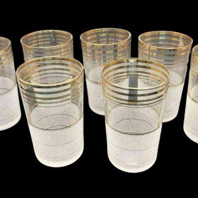 Set Of 7 1940's Art Deco Gold Striped 4.5" Glasses