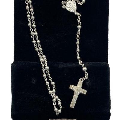 Antique Child's Alpacca Sterling Silver Rosary With Sterling Silver Box
