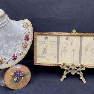 Vintage Lymen Powell Framed Prints * The Life Of A Young Woman * 1912 Celebrity Art Co Boston * Jewelry Stand * Tiny Antique Dry Flower Art