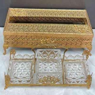 Vintage Gold Tone Metal Bathroom Decor * Kleenex Box * Vanity Set