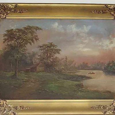 Framed Oil On Canvas * Cabin On A River Scene