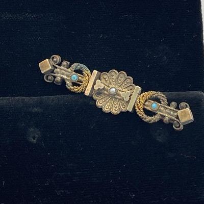 Edwardian Antique Bar Pin * Gold Tone * Tiny Turquoise Color Stone Detail