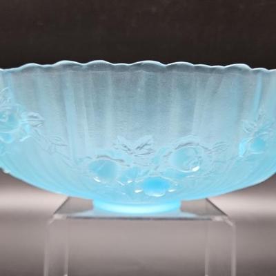 Vtg. Blue Satin Glass Bowl w/ Raised Rose Design