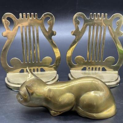 (3) Vintage Brass: Cat Figurine & Harp Bookends