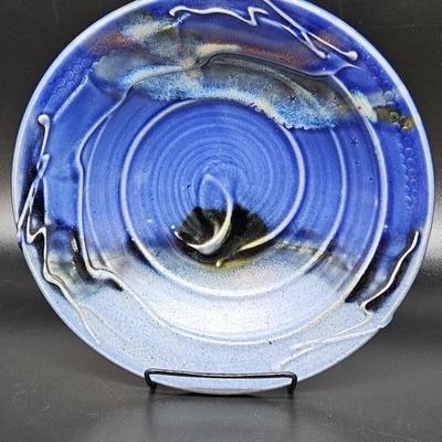 WS Hand Made Studio Pottery Blue Swirl Bowl