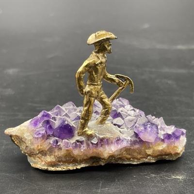 Amethyst Crystal Paperweight w/ Miner Figurine