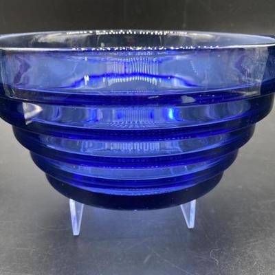 Vintage Cobalt Blue Horizontal Stepped Glass Bowl