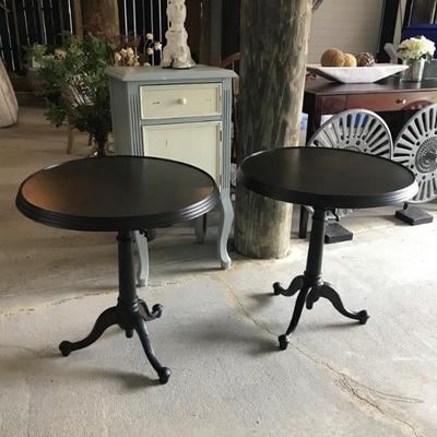 Two metal restoration Hardware round side tables.